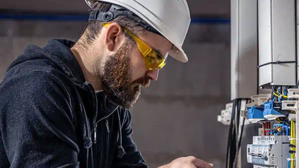 Electrician works on control panel