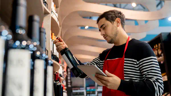 Employee examines a bottle of wine